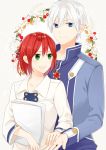  1boy 1girl :d akagami_no_shirayukihime aki_nattsu blue_eyes blue_jacket couple flower green_eyes hand_on_hand highres jacket long_sleeves open_mouth redhead shirayuki_(akagami_no_shirayukihime) short_hair silver_hair smile upper_body white_background white_flower white_jacket zen_wistalia 