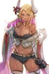  1girl bangs bare_shoulders black_panties blonde_hair blush bow_(bhp) breasts camisole cape cleavage dark_skin draph elbow_gloves fang fur_trim gloves gluteal_fold granblue_fantasy gyaru highleg highleg_panties horns jewelry kuvira_(granblue_fantasy) large_breasts long_hair looking_at_viewer midriff multicolored_hair navel necklace open_mouth panties parted_bangs pointy_ears ribbon short_shorts shorts simple_background smile thigh-highs underwear white_background white_gloves yellow_eyes 