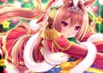  1girl animal_ears bangs bell bent_over blurry blurry_background bow box breasts christmas christmas_ornaments christmas_tree commentary_request daiwa_scarlet depth_of_field epaulettes eyebrows_visible_through_hair fang fingernails fur-trimmed_hat gift gift_box hair_bell hair_between_eyes hair_bow hair_intakes hair_ornament hat heart highres horse_ears horse_girl horse_tail juliet_sleeves large_breasts long_hair long_sleeves looking_at_viewer nail_polish parted_lips plaid plaid_bow pleated_skirt puffy_sleeves red_bow red_eyes red_hat red_nails red_skirt santa_hat shirt skirt solo tail thigh-highs tiara twintails umamusume v-shaped_eyebrows very_long_hair white_legwear white_shirt yunagi_amane 