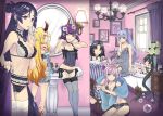  6+girls armchair bathroom bathtub black_hair blonde_hair bloomers blue_hair bra breasts brooch brown_hair chair chandelier cleavage corset dress endou_minari fate/grand_order fate_(series) finger_to_mouth flower horns ibaraki_douji_(fate/grand_order) jewelry katou_danzou_(fate/grand_order) lace lace-trimmed_bra lace-trimmed_panties lace-trimmed_thighhighs lamp lingerie long_hair looking_at_viewer medium_breasts minamoto_no_raikou_(fate/grand_order) mirror miyamoto_musashi_(fate/grand_order) mochizuki_chiyome_(fate/grand_order) multiple_girls nail_polish necklace panties parted_lips ponytail purple_hair shuten_douji_(fate/grand_order) sink sitting small_breasts smile soap_bubbles thigh-highs tomoe_gozen_(fate/grand_order) towel underwear vase very_long_hair 