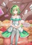  1girl apron bare_shoulders black_ribbon blush breasts card checkerboard_cookie cleavage collarbone commentary_request cookie dated dress eat_me_(vocaloid) flower food fork frilled_dress frills green_dress green_eyes green_hair gumi hair_ribbon hairband hands_on_lap lace liu_chun-ling looking_at_viewer medium_breasts open_mouth pantyhose playing_card red_flower red_rose ribbon rose short_hair sidelocks signature sitting sitting_on_food solo song_name striped striped_legwear vertical-striped_legwear vertical_stripes vocaloid white_flower white_rose 