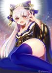  1girl bangs bare_shoulders blonde_hair blush breasts cleavage cosplay detached_collar eyebrows_visible_through_hair fate/extra fate/grand_order fate_(series) hair_ornament horns japanese_clothes kiyohime_(fate/grand_order) long_hair looking_at_viewer medium_breasts minamo25 open_mouth red_eyes smile solo tamamo_(fate)_(all) tamamo_no_mae_(fate) tamamo_no_mae_(fate)_(cosplay) thigh-highs 