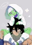  1boy 1girl bandaid bandaid_on_face black_hair boots broly_(dragon_ball_super) cheelai dragon_ball dragon_ball_super_broly eyelashes green_skin grey_background hand_on_another&#039;s_head hand_on_own_face head_tilt hood hoodie muscle open_mouth scar shiny shiny_skin short_hair sitting_on_shoulder smile speech_bubble spiky_hair srm_burorisuto translation_request upper_body violet_eyes white_footwear white_hair white_hoodie 