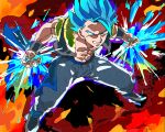  1boy abs attack blue_eyes blue_hair commentary_request dragon_ball dragon_ball_super dragon_ball_super_broly fighting_stance fingernails fire from_above full_body gogeta grin male_focus outstretched_arms pants shaded_face shirtless short_hair smile spiky_hair spread_legs stomach super_saiyan_blue white_pants 