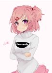  1girl blush doki_doki_literature_club flat_chest frown hair_ornament hair_ribbon hairclip kokomi_(aniesuakkaman) long_sleeves looking_at_viewer natsuki_(doki_doki_literature_club) pink_eyes pink_hair pink_skirt red_ribbon ribbon short_hair skirt sweater white_sweater 