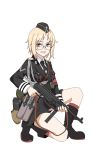  1girl absurdres blonde_hair boots commentary explosive garrison_cap girls_frontline glasses grenade gun hat highres holding holding_gun holding_weapon military military_uniform mp40 mp40_(girls_frontline) necktie one_knee orange_eyes perfect_han round_eyewear short_hair solo stielhandgranate submachine_gun uniform weapon white_background 