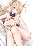  1girl armpits ass bangs bare_arms bare_legs bare_shoulders bed_sheet bikini blonde_hair blue_bikini blue_eyes blush bradamante_(fate/grand_order) braid breasts cleavage closed_mouth collarbone commentary_request criss-cross_halter detached_collar dutch_angle eyebrows_visible_through_hair fate/grand_order fate_(series) feet_out_of_frame hair_between_eyes hair_ornament hair_spread_out halterneck hand_on_own_ass highres large_breasts long_hair looking_at_viewer lying on_side piripun reclining sidelocks smile solo swimsuit thighs twintails very_long_hair white_background 
