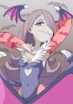  1girl armpits bare_shoulders bat breasts collarbone cosplay demon_wings detached_sleeves eyebrows_visible_through_hair eyeshadow gradient gradient_background grey_background grin hair_over_one_eye head_wings heart highres little_witch_academia long_hair long_sleeves makeup morrigan_aensland morrigan_aensland_(cosplay) pink_hair popopo red_eyes sharp_teeth small_breasts smile smug solo sucy_manbavaran teeth upper_body vampire_(game) wings 