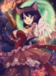  1girl :d animal_ears artist_request bell bell_collar black_hair braid breasts cat_ears collar commentary dress fire fishnet_pantyhose fishnets gloves hanekawa_tsubasa large_breasts long_hair looking_at_viewer magia_record:_mahou_shoujo_madoka_magica_gaiden magical_girl mahou_shoujo_madoka_magica molotov_cocktail monogatari_(series) open_mouth pantyhose smile solo very_long_hair violet_eyes 