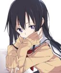  1girl arm_support black_hair character_request copyright_request head_rest ixy long_hair looking_at_viewer sailor_collar school_uniform sleeves_past_wrists solo violet_eyes white_background 