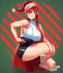  1girl 2018 backless_outfit biceps black_skirt blue_eyes boots breasts christmas commentary english_commentary full_body fur_trim hair_between_eyes hat high-waist_skirt large_breasts lilirulu long_hair long_legs no_bra one_knee original red_footwear redhead santa_boots santa_hat shiny shiny_clothes shiny_skin skirt sleeveless smile solo tiptoes toned very_long_hair 