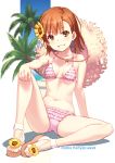  1girl bangs bikini blue_sky blurry blurry_background blush breasts brown_eyes brown_footwear brown_hair commentary_request day depth_of_field eyebrows_visible_through_hair flower full_body grin hair_flower hair_ornament hat hat_around_neck head_tilt knee_up looking_at_viewer misaka_mikoto palm_tree pink_bikini raika9 sandals sitting sky small_breasts smile solo straw_hat swimsuit to_aru_kagaku_no_railgun to_aru_majutsu_no_index tree twitter_username yellow_flower 