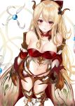  1girl absurdres armor bangs bare_shoulders bikini bikini_armor blonde_hair bow breasts brown_gloves cleavage commentary_request curled_horns detached_collar eyebrows_visible_through_hair gloves granblue_fantasy hair_between_eyes hair_bow hair_ornament highres horns long_hair looking_at_viewer medium_breasts navel parted_lips red_bikini red_bow red_collar red_eyes revealing_clothes ria_(riarea00) sketch solo swimsuit very_long_hair vira_lilie white_background 
