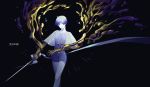  1other absurdres androgynous bangs blue_eyes blue_hair blunt_bangs copyright_name crystal_hair dark_background gold golden_arms highres houseki_no_kuni looking_at_viewer necktie phosphophyllite phosphophyllite_(ll) see-through_sleeves short_hair solo spoilers sword weapon white_skin 