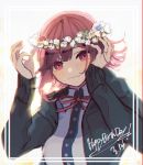  1girl arms_up black_hoodie breasts commentary_request dangan_ronpa eyebrows_behind_hair flipped_hair flower frame hair_flower hair_ornament hand_in_hair happy_birthday highres hood hoodie large_breasts lei light_background looking_at_viewer nanami_chiaki no_nose number pink_eyes pink_hair pink_ribbon ribbon roll08081227 shirt short_hair solo super_dangan_ronpa_2 white_shirt 