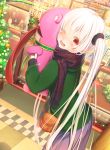  1girl ;d abo_(kawatasyunnnosukesabu) bag bangs black_scrunchie blue_scarf blush christmas christmas_ornaments christmas_tree clothes commentary_request display_case flower green_coat hair_ornament hair_scrunchie highres holding_stuffed_toy long_hair long_sleeves long_tongue looking_at_viewer mall mannequin one_eye_closed open_mouth original plaid plaid_scarf poinsettia red_eyes scarf scrunchie shoulder_bag skirt sleeves_past_wrists smile solo striped_nails tongue tongue_out very_long_hair white_hair 