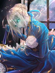  1girl absurdres aosuna artoria_pendragon_(all) blonde_hair blue_dress braided_bun breasts dress excalibur fate/stay_night fate_(series) glowing glowing_eyes green_eyes hand_on_hilt highres indoors jewelry long_sleeves medium_breasts ring saber sideboob sidelocks solo tied_hair 