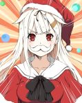  1girl blonde_hair facial_hair gradient_hair hair_flaps hair_ornament hair_ribbon hairclip hat kantai_collection multicolored_hair mustache red_eyes red_serafuku remodel_(kantai_collection) ribbon santa_costume santa_hat youmou_usagi yuudachi_(kantai_collection) 