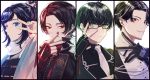  4boys black_gloves black_hair blue_eyes brown_hair buzen_gou collared_shirt column_lineup earrings fingerless_gloves gloves green_eyes grin highres jewelry kashuu_kiyomitsu kotegiri_gou male_focus mole mole_on_neck mole_under_eye mole_under_mouth multiple_boys nail_polish necktie ponytail red_eyes red_nails scarf shirt smile touken_ranbu trait_connection upper_body v v_over_eye yamada_chickenko yamato-no-kami_yasusada 