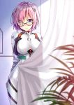  1girl ayanami_rei ayanami_rei_(cosplay) black-framed_eyewear blurry blurry_foreground blush bodysuit breasts commentary_request cosplay curtains depth_of_field eyes_visible_through_hair fate/grand_order fate_(series) glasses hair_over_one_eye impossible_clothes indoors kotatsu_(kotatsu358) large_breasts looking_at_viewer mash_kyrielight neon_genesis_evangelion number pilot_suit pink_hair plugsuit see-through_silhouette short_hair skin_tight solo turtleneck violet_eyes white_bodysuit 
