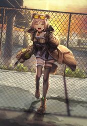  1girl :d absurdres bangs black_coat black_gloves blush breasts bridge building bullpup chain-link_fence choker cityscape closed_eyes clouds coat double_bun dress dutch_angle eyebrows_visible_through_hair eyewear_on_head facing_viewer fence full_body gas_mask girls_frontline gloves gun hair_ornament highres jacket leaning_forward load_bearing_equipment magazine_(weapon) medium_breasts open_clothes open_coat open_mouth orange_sky p90 p90_(girls_frontline) partly_fingerless_gloves pouch scenery sidelocks sky smile solo standing standing_on_one_leg submachine_gun sunglasses sunset thigh-highs thigh_strap tinted_eyewear tree vikpie weapon white_dress 