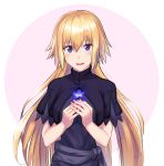  1girl blonde_hair blush breasts circle fate/apocrypha fate/grand_order fate_(series) flower highres holding holding_flower jeanne_d&#039;arc_(fate) jeanne_d&#039;arc_(fate)_(all) large_breasts long_hair looking_at_viewer nyorotono open_mouth solo upper_body very_long_hair violet_eyes white_background 
