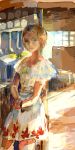  1girl :| blonde_hair blue_eyes closed_mouth day dress highres indoors looking_at_viewer original short_hair solo standing sunlight tomatika white_dress 