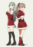  2girls alternate_costume aqua_eyes aqua_hair arms_behind_back back-to-back black_footwear blue_eyes boots brown_hair capelet commentary_request dress full_body fur-trimmed_dress fur_trim gloves grey_background hair_ornament hairclip highres kantai_collection koubakotone kumano_(kantai_collection) long_hair multiple_girls ponytail red_dress red_footwear red_gloves simple_background standing suzuya_(kantai_collection) 