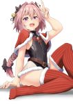  1boy absurdres astolfo_(fate) bare_arms bare_thighs bell fang fate/apocrypha fate/grand_order fate_(series) hair_bell hair_ornament hair_ribbon highres jtleeklm navel otoko_no_ko pink_hair red_legwear ribbon santa_costume short_hair thigh-highs trap v 