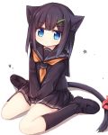  1girl animal_ear_fluff animal_ears bangs between_legs black_footwear black_legwear black_sailor_collar black_serafuku black_shirt black_skirt blue_eyes blush brown_hair cat_ears cat_girl cat_tail closed_mouth commentary_request eyebrows_visible_through_hair full_body hair_between_eyes hair_ornament hairclip hand_between_legs kneehighs light_frown loafers long_sleeves looking_at_viewer neckerchief orange_neckwear original pleated_skirt sailor_collar school_uniform serafuku shadow shirt shoes sitting skirt solo tail v-shaped_eyebrows wariza white_background yuuhagi_(amaretto-no-natsu) 