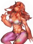  abs armpit_peek armpits breasts commentary covered_nipples furry highres horns jackalope leggings long_hair medium_breasts red_fur redhead simple_background smile solo tank_top thick_eyebrows thick_thighs thighs toned 