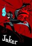  amamiya_ren asutora black_coat black_footwear black_hair black_pants boots coat fighting_stance gloves hair_between_eyes highres long_sleeves looking_at_viewer mask open_clothes open_coat pants parted_lips persona persona_5 red_background red_eyes red_gloves smile 