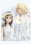  2girls age_difference arm_around_waist black_hair blonde_hair blue_eyes bridal_veil creatures_(company) dress earrings flower flower_wreath game_freak grey_eyes hair_over_one_eye hand_on_another&#039;s_hip head_wreath highres hikari_(pokemon) jewelry lace_trim looking_at_viewer multiple_girls nintendo open_mouth parted_lips pokemon pokemon_(game) pokemon_dppt shirona_(pokemon) simple_background size_difference smile tareme tsurime upper_body veil wedding_dress wife_and_wife yellow_eyes yukin_(es) yuri 