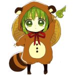  1girl :&lt; anzu_(o6v6o) arm_up chibi cosplay full_body green_eyes green_hair gumi hat holding holding_leaf hood hood_up kigurumi leaf long_sleeves looking_at_viewer lowres neck_ribbon raccoon_hood raccoon_tail red_neckwear ribbon rice_hat short_hair simple_background solo standing tail tearing_up v-shaped_eyebrows vocaloid white_background 