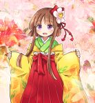  1girl alternate_costume bangs blunt_bangs blush brown_hair commentary_request cosplay floral_print flower hair_flower hair_ornament hair_ribbon hakama_skirt hieda_no_akyuu hieda_no_akyuu_(cosplay) high-waist_skirt japanese_clothes kimono long_sleeves looking_at_viewer nishida_satono open_mouth pote_(ptkan) red_ribbon red_skirt ribbon short_hair_with_long_locks skirt sleeves_past_wrists smile solo standing touhou violet_eyes white_flower wide_sleeves yellow_kimono 