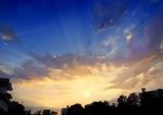  blue_sky building clouds cloudy_sky evening gradient_sky house light_rays no_humans orange_sky original outdoors radio_tower sakeharasu scenery sky sun sunbeam sunlight sunset telephone_pole tree window 