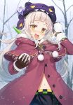  1girl bangs blunt_bangs blush capelet coat commentary gloves hat holding hololive long_hair looking_at_viewer murasaki_shion navel open_mouth outdoors pom_pom_(clothes) purple_hat red_coat round_teeth short_eyebrows silver_hair smile snow snowball solo star tam-u teeth tree virtual_youtuber yellow_eyes 