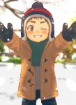  1boy black_hair brown_eyes coat eyebrows grin hat highres looking_at_viewer mittens oginy one_eye_closed original outstretched_arms scarf smile snow solo winter 