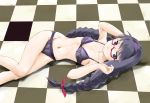  1girl :o akemi_homura arm_behind_head bangs black_bra black_eyes black_hair black_panties bra braid breasts checkered checkered_floor commentary_request glasses hair_ribbon hairband legs long_hair looking_at_viewer lying mahou_shoujo_madoka_magica marutaya medium_breasts navel on_back panties parted_lips purple_hairband red-framed_eyewear red_ribbon ribbon solo twin_braids twintails underwear 