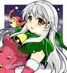  1girl alternate_costume bell bird bow breath fire_emblem fire_emblem:_akatsuki_no_megami fire_emblem_heroes fur_trim green_bow hat long_hair micaiah nintendo parted_lips pom_pom_(clothes) red_hat santa_hat silver_hair snowing twitter_username upper_body yellow_eyes yukia_(firstaid0) yune 