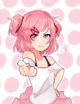  &gt;:t :t bare_shoulders black_tank_top blush doki_doki_literature_club frown hair_ornament hair_ribbon hairclip hand_on_hip kokomi_(aniesuakkaman) looking_at_viewer middle_finger natsuki_(doki_doki_literature_club) pink_eyes pink_hair pink_skirt pointing polka_dot polka_dot_background red_ribbon ribbon shirt short_hair short_sleeves skirt white_shirt 