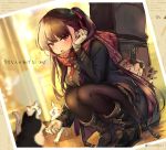  1girl boots cat christmas commentary_request doll feeding food girls_frontline gloves guitar_case instrument_case kalina_(girls_frontline) kneeling necktie pantyhose photo photo_background pierorabu pleated_skirt purple_hair reindeer scarf side_ponytail skirt translation_request violet_eyes wa2000_(girls_frontline) 