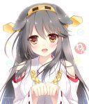  1girl :d animal_ears bare_shoulders breasts brown_eyes claw_pose detached_sleeves dog_ears eyebrows_visible_through_hair grey_hair hair_ornament hairclip haruna_(kantai_collection) headgear kantai_collection large_breasts long_hair looking_at_viewer nontraditional_miko open_mouth shigunyan smile solo twitter_username upper_body 