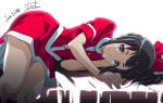  1girl 2018 bed_sheet black_hair blue_eyes bow hair_bow highres long_hair looking_at_viewer lying miniskirt nii_manabu on_side ponytail red_bow red_shirt red_skirt rikka_koukou_marching_band_e_youkoso sasaki_azusa shirt short_sleeves simple_background skirt smile solo white_background 