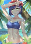  1girl absurdres arm_at_side arm_up armpits bangs bare_arms bare_shoulders beach bikini blue_bikini blue_hair blue_sky blurry blurry_background blurry_foreground blush breasts clouds collarbone commentary_request darling_in_the_franxx day depth_of_field eyebrows_visible_through_hair flower flower_wreath green_eyes groin headdress highres ichigo_(darling_in_the_franxx) leaf light_particles looking_at_viewer multicolored_hair navel outdoors palm_tree parted_lips red_flower sgt-jz short_hair sky small_breasts solo stomach strap_slip streaked_hair swimsuit taut_clothes tree upper_body water white_hair 