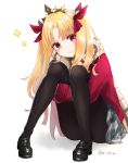  1girl black_footwear black_legwear blonde_hair bow coat diadem ereshkigal_(fate/grand_order) eyebrows_visible_through_hair fate/grand_order fate_(series) grey_skirt hair_bow highres leg_hug long_hair long_sleeves looking_at_viewer miniskirt pantyhose pleated_skirt red_bow red_coat red_eyes scarf shiny shiny_hair simple_background sitting skirt smile solo twintails twitter_username white_background yamamura_umi 