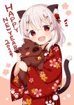  1girl 2019 :d animal animal_ear_fluff animal_ears animal_hug bangs bell blush boar cat_ears cat_girl cat_tail cherry_blossom_print chinese_zodiac commentary_request eyebrows_visible_through_hair floral_print hair_between_eyes hair_ornament hairclip happy_new_year highres japanese_clothes jingle_bell kimono long_hair looking_at_viewer muku_(muku-coffee) new_year notice_lines open_mouth original print_kimono red_eyes red_kimono red_ribbon ribbon shiro_(mononobe_koshoten_kaikitan) silver_hair smile solo tail tail_raised year_of_the_pig 