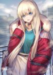  .com_(cu_105) 1girl anastasia_(fate/grand_order) bangs belt belt_buckle black_belt black_choker blonde_hair blue_eyes blue_shirt blue_sky breasts buckle choker cityscape clouds coat commentary_request day eyebrows_visible_through_hair fate/grand_order fate_(series) fur-trimmed_coat fur_trim hair_between_eyes hand_in_pocket head_tilt highres long_hair long_sleeves looking_at_viewer open_clothes open_coat open_mouth outdoors pleated_skirt puffy_long_sleeves puffy_sleeves railing red_coat shirt skirt sky sleeves_past_wrists small_breasts snow solo very_long_hair white_skirt 