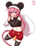  1girl alternate_costume animal_ears artist_logo black_legwear blue_eyes braid breasts cosplay cowboy_shot crop_top dated detached_sleeves disney eyebrows_visible_through_hair hair_between_eyes highres kanon_(kurogane_knights) kantai_collection long_hair looking_at_viewer mickey_mouse mickey_mouse_(cosplay) mickey_mouse_ears mouse_ears mouse_tail navel nenohi_(kantai_collection) open_mouth pink_hair red_shorts sack shorts simple_background single_braid small_breasts solo tail thigh-highs turtleneck white_background yellow_footwear 