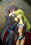  1boy 1girl black_gloves black_hair black_sleeves blue_pants c.c. code_geass crop_top detached_sleeves floating_hair gloves green_hair hair_between_eyes hand_on_another&#039;s_shoulder hand_under_clothes hand_under_shorts lelouch_lamperouge long_hair long_sleeves midriff navel no-ch pants parted_lips short_shorts shorts standing stomach uniform very_long_hair violet_eyes white_shorts yellow_eyes 